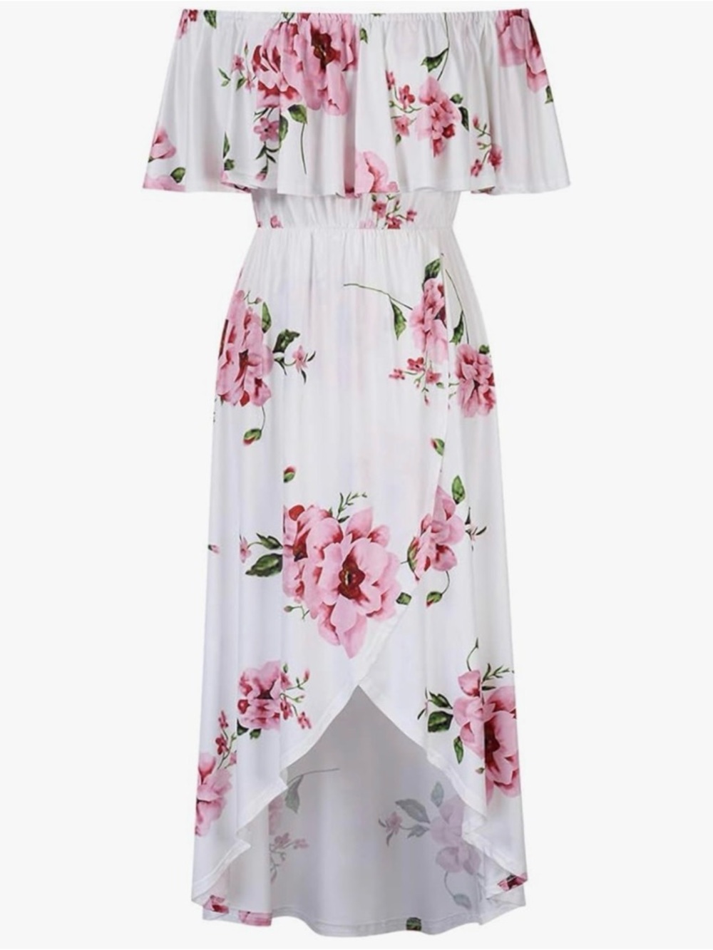 Amazon White Off-Shoulder High-Low Dress with Pink Floral Print